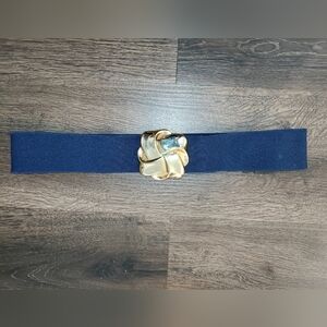 Vintage 1970s-1980s Retro Blue Elastic and Gold Metal Adjustable Belt DMP
